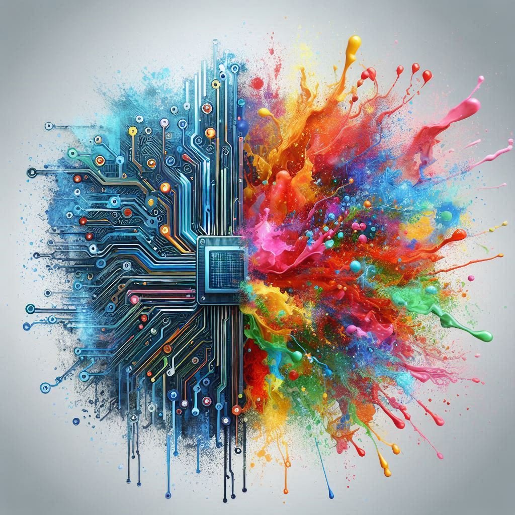 circuit & paint splash – a circuit board on one side blending into a colorful paint splash, symbolizing technology and artistic expression.